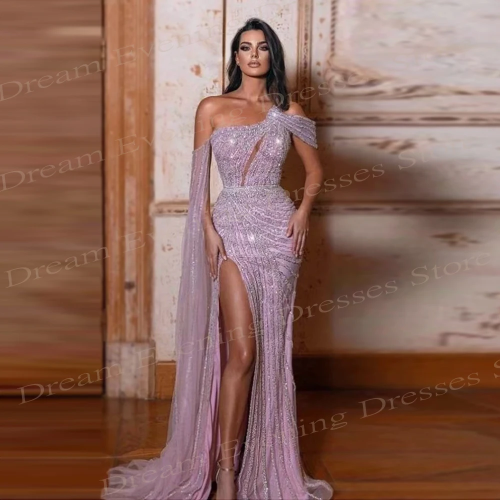 2024 Graceful Purple Women's Mermaid Shiny Evening Dresses Modern One Shoulder Sequined Prom Gowns Sexy Side Split Formal Party