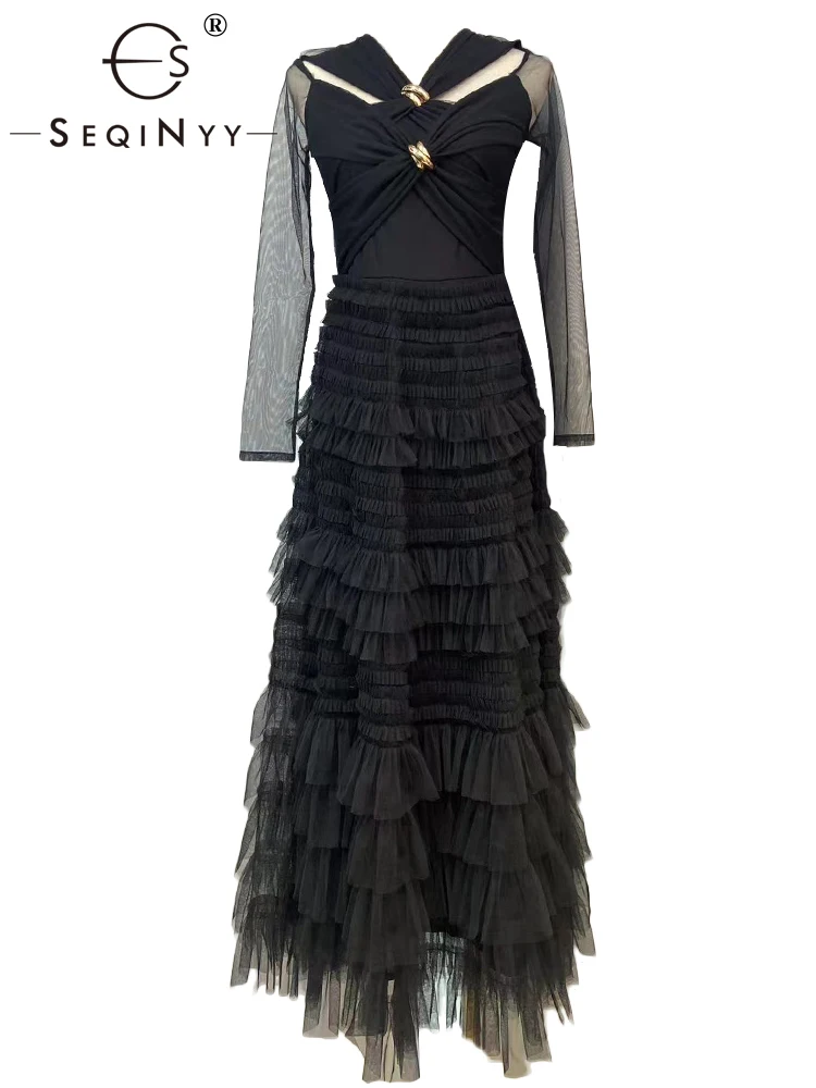 SEQINYY Elegant Slim Dress Summer Spring New Fashion Design Women Runway V-Neck Translucent Mesh Ruffles Party High Street