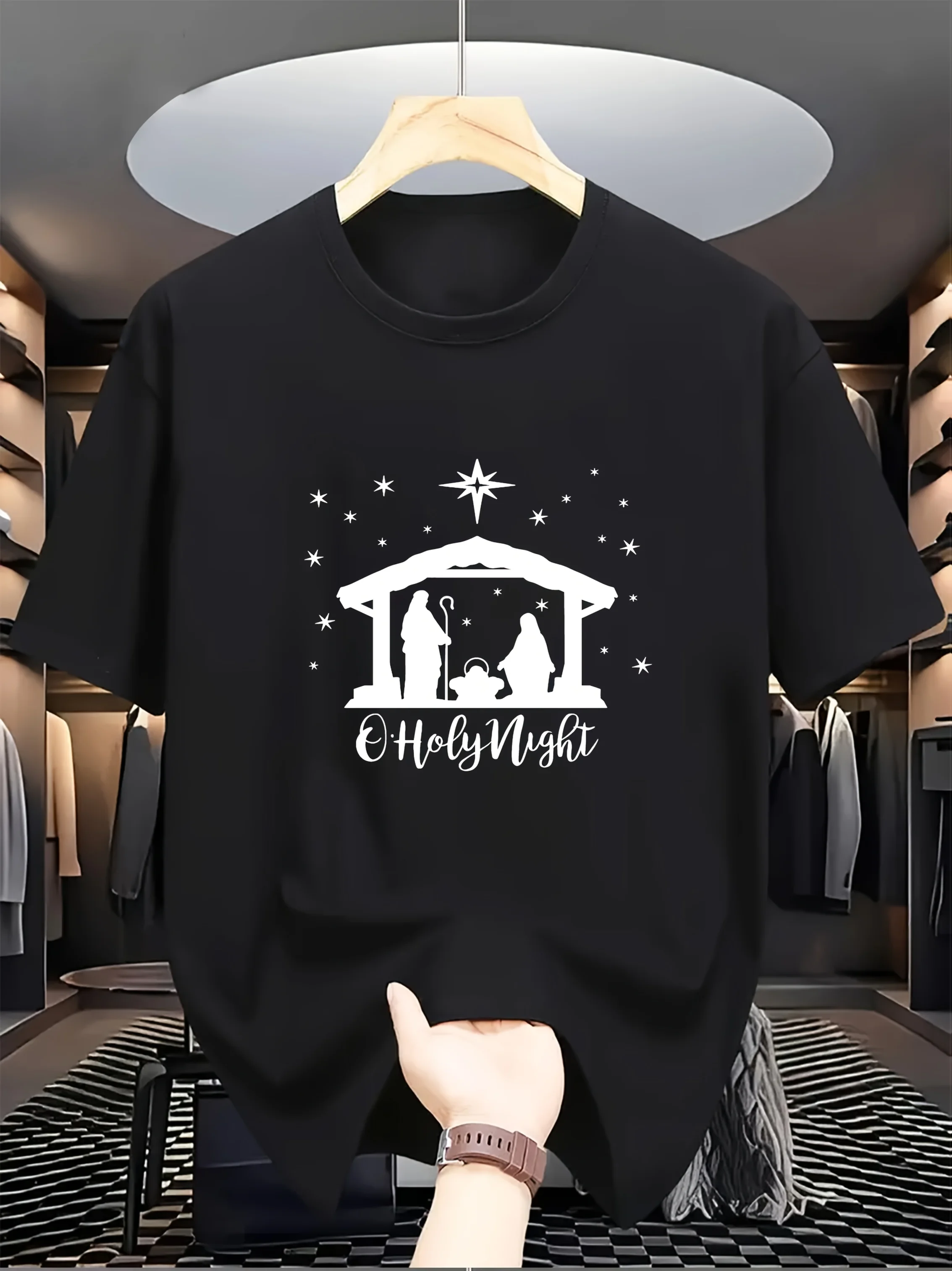 

1 шт. Мужская футболка с принтом «Святая ночь» — полиэстер, 100%, повседневная