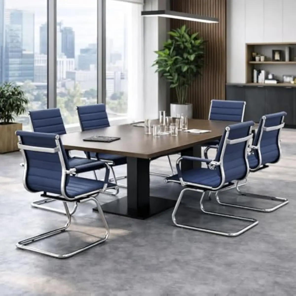 Ergonomic Navy Guest Chairs with Padded Mid-Back Support Faux Leather Seat Chrome Sled Base No-Wheel Design for Reception Confer