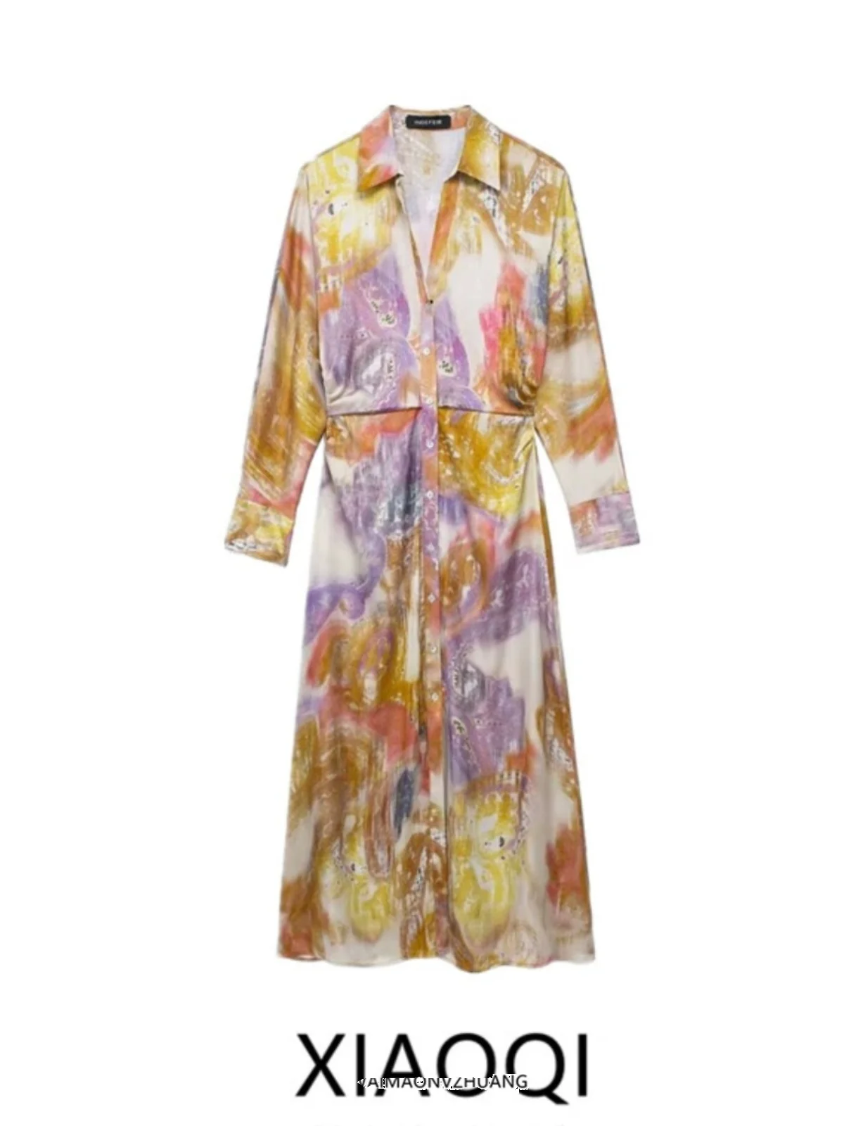 Vestido Csa F Primavera 2024 de Manga Longa com Estampa em Camadas, Sensação de Seda e Cetim, Estilo E, Peça...