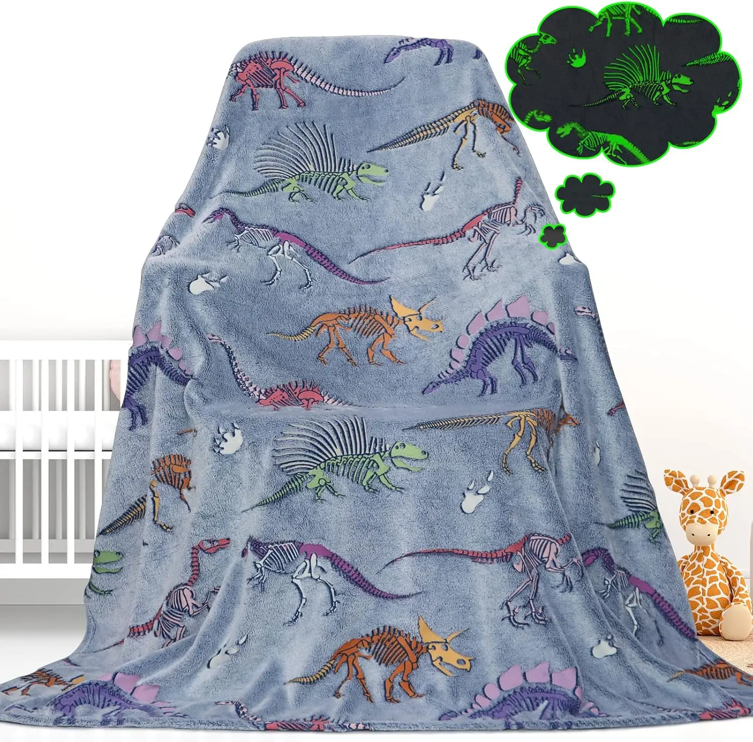 

Glow in The Dark Dinosaur Blanket Dinosaur Toys for 3 4 5 6 7 Year Old Cute Dino Gifts Room Decor, Soft Fleece Toddler Blanket