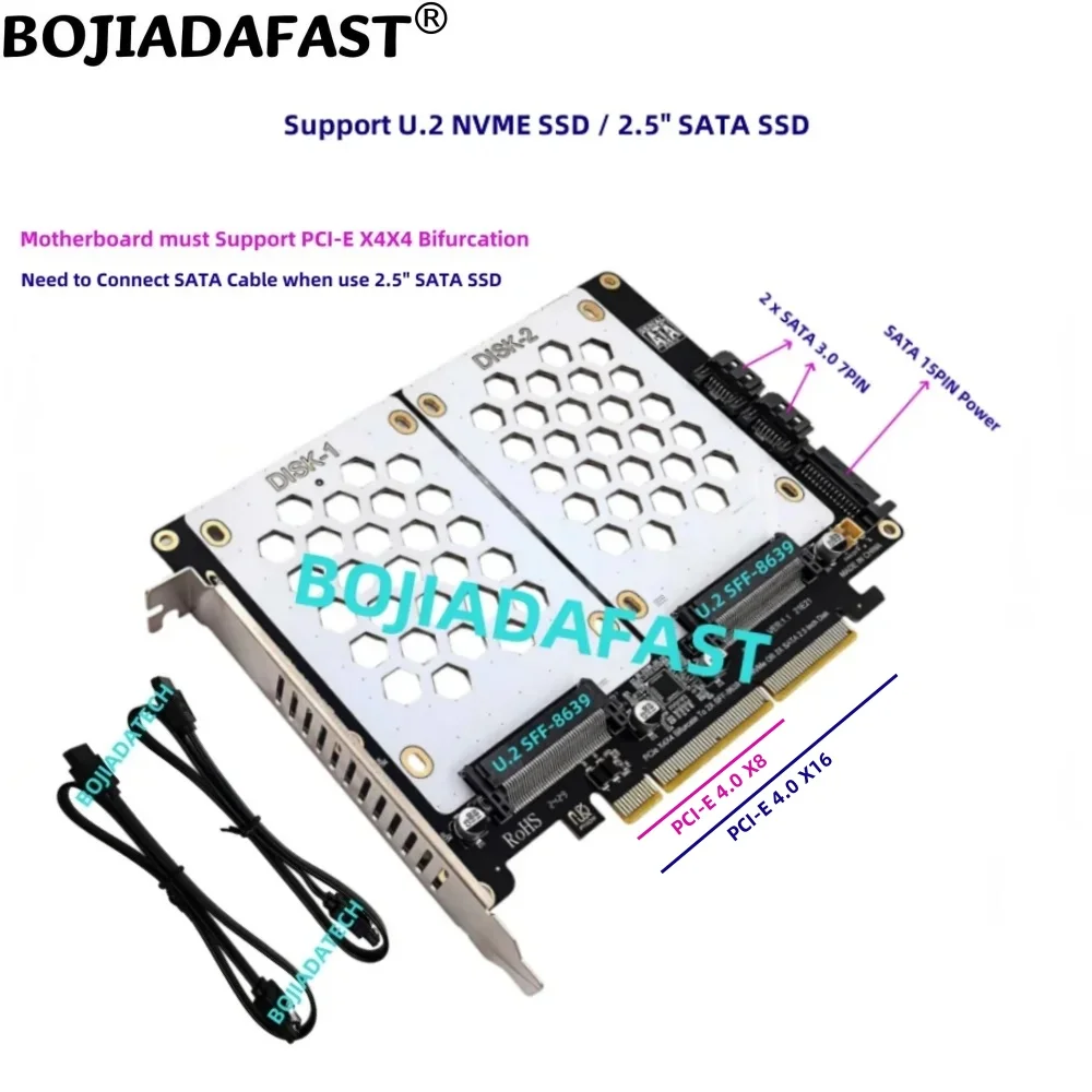 

Карта адаптера PCI-E 4.0 X8 X16 на 2 x U.2 SFF-8639 U2 NVME / 2,5 дюйма SATA SSD — поддержка материнской платы PCIe x4x4 Bifurcation