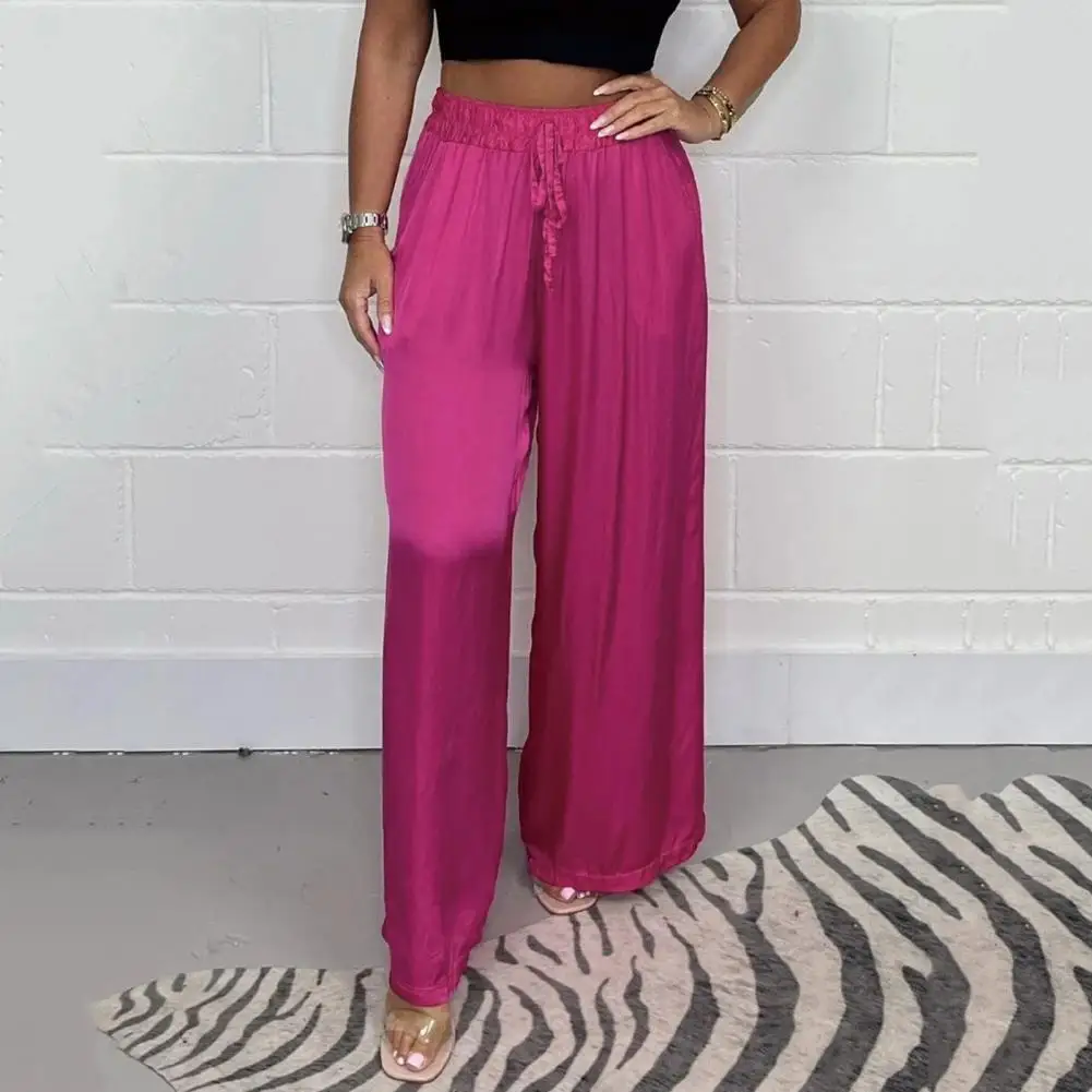 Straight Leg Satin Pants Elegant Satin Wide Leg Pants for Women Adjustable Drawstring Mid-rise Trousers Stylish Solid Color