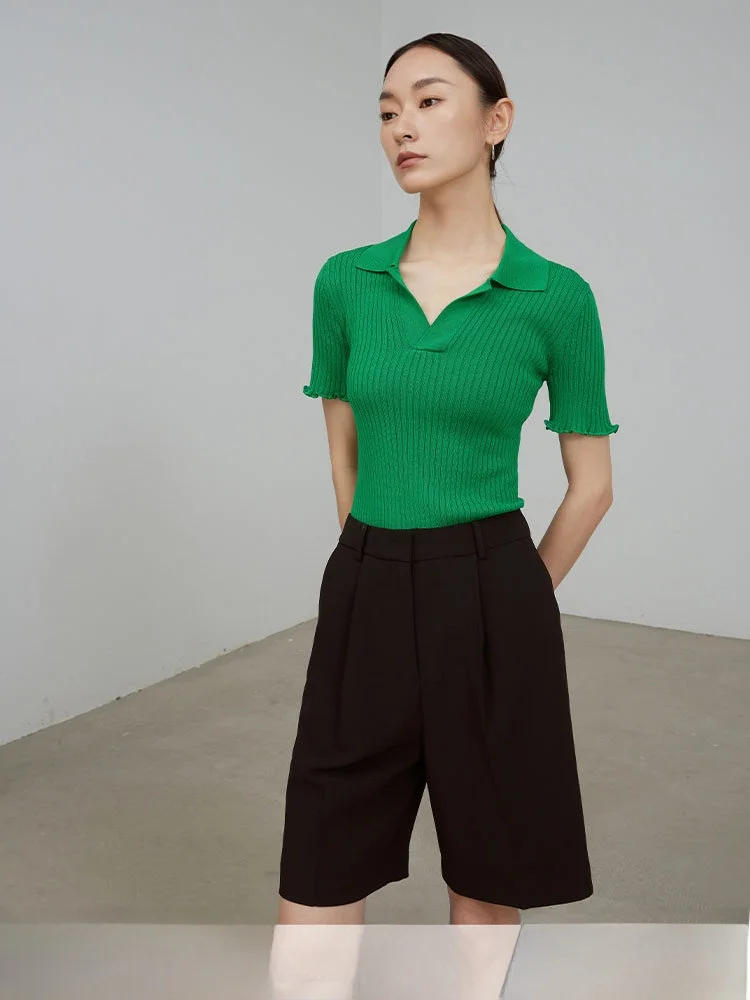 

Green Thin Short Sleeve Knitted Shirt Women's Summer Slim Fit Base Shirt XIMU STUDIOS Cotton Color Commute Style