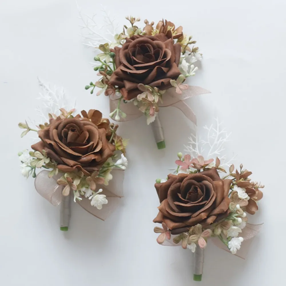 Brown Artifical Rose Silk Flowers Groom Men Boutonniere Boutonniere Hombre Wrist Corsage Marrige Accessories