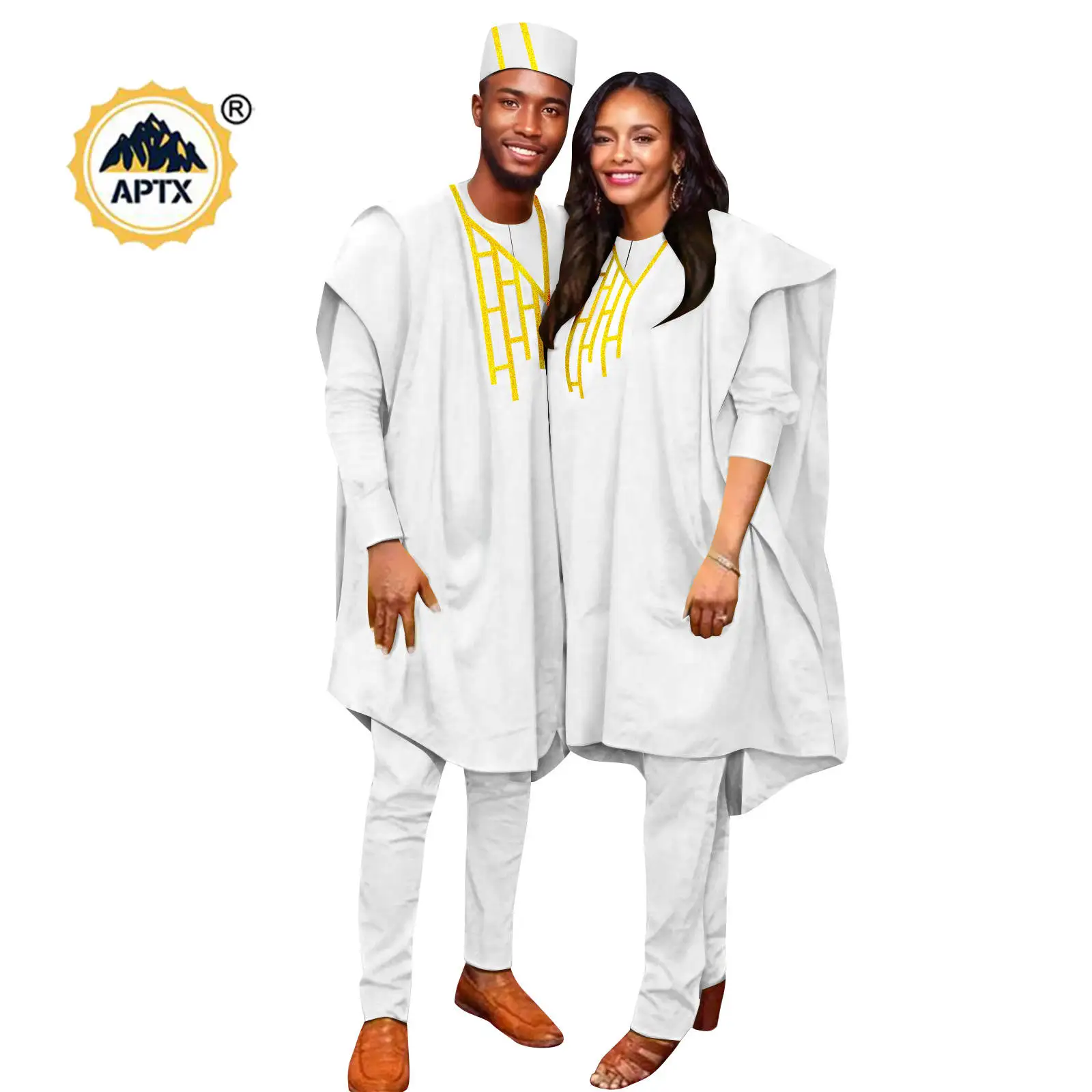 African Men Clothes Dashiki Hat Robe Top and Pant Sets Matching Couple Outfits Women 3 Pieces Bright Line Robe Agbada 25C021