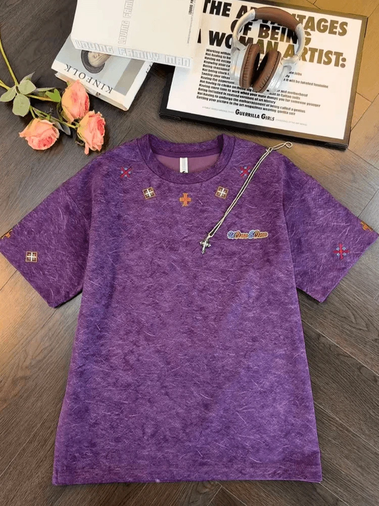 

Purple Heavyweight Sand Wash Embroidered Short Sleeve Men's Summer Trendy Brand Small Collar Shoulder T-Shirt Premium Feel