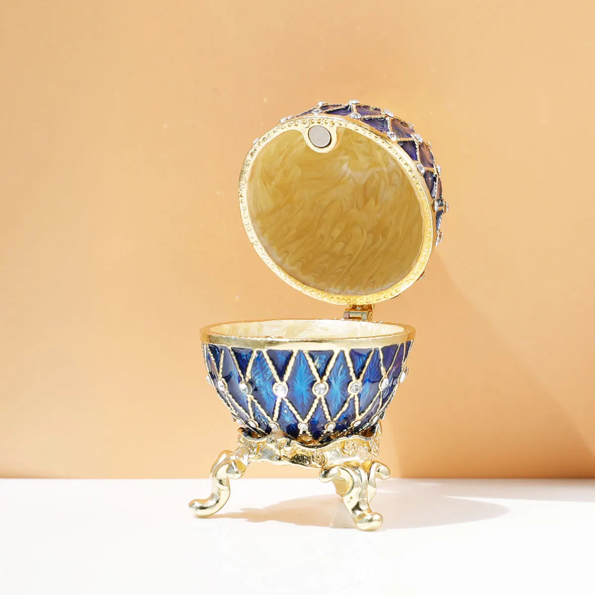 SUSUZUKU 1 PC Blue Faberge Egg Ornaments Collectible,Hand-Painted Easter Egg Crystal Jeweled Trinket Jewelry Box Hinged