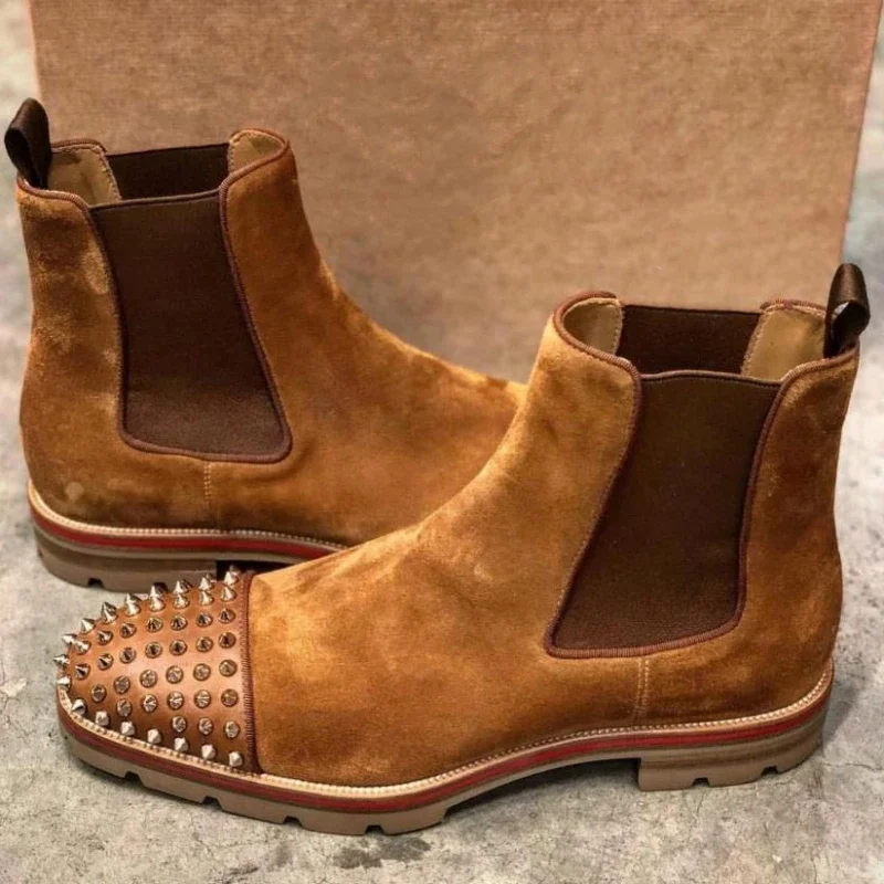 New Red Sole Men Chelsea Boots Rivet Square Toe Flock Slip-On Business Men Short Boots Botas De Hombre Men Boots