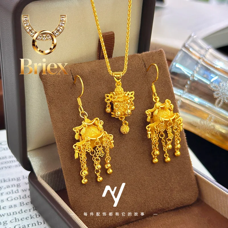 Briex Jewelry Luxury 24K 9999 Pure Gold real gold Women's Loft Palace Lamp Earrings Pendant