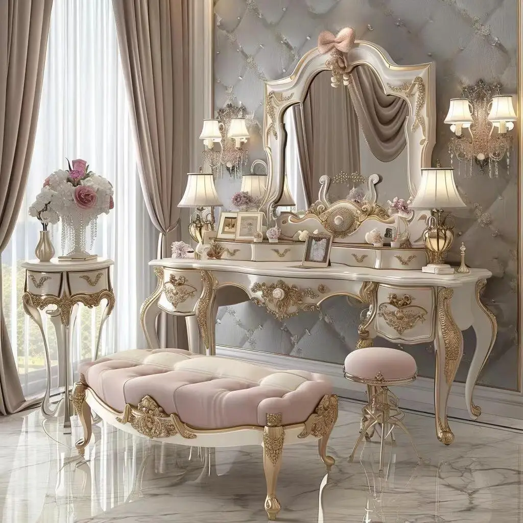 European Style Luxury Extendable Adjustable Dressing Table with Mirror and Drawers for Bedroom Hotel & Apartment Use