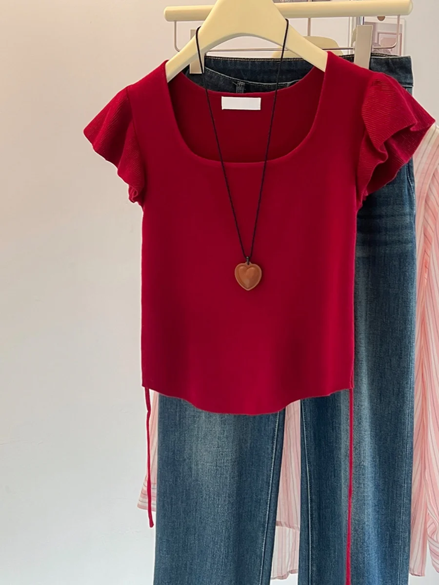 

Casual Ice Silk Knitted ort Sve T-irt Women Summer Design Ba Strap Flng Sve Top Quali Age Reduction Leisure S...