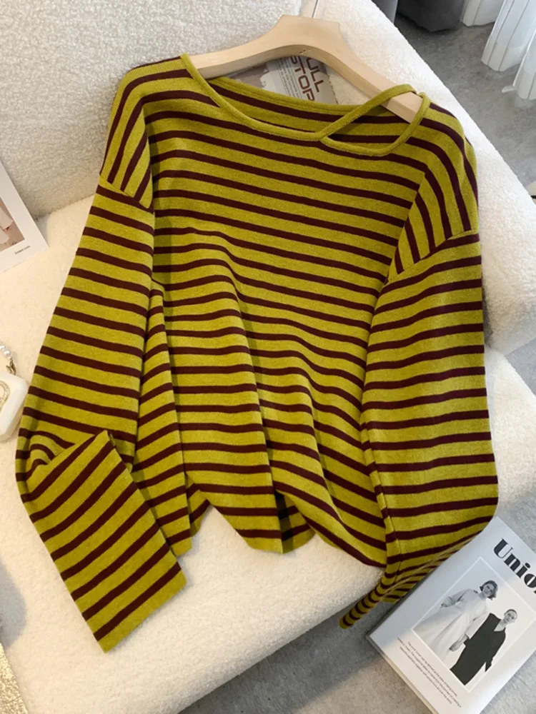 

Spring Autumn Yellow Striped Knitwear Off The Shoulder Loose Tops Women Fashion Pullovers Sweaters Streetwear Female Clothing