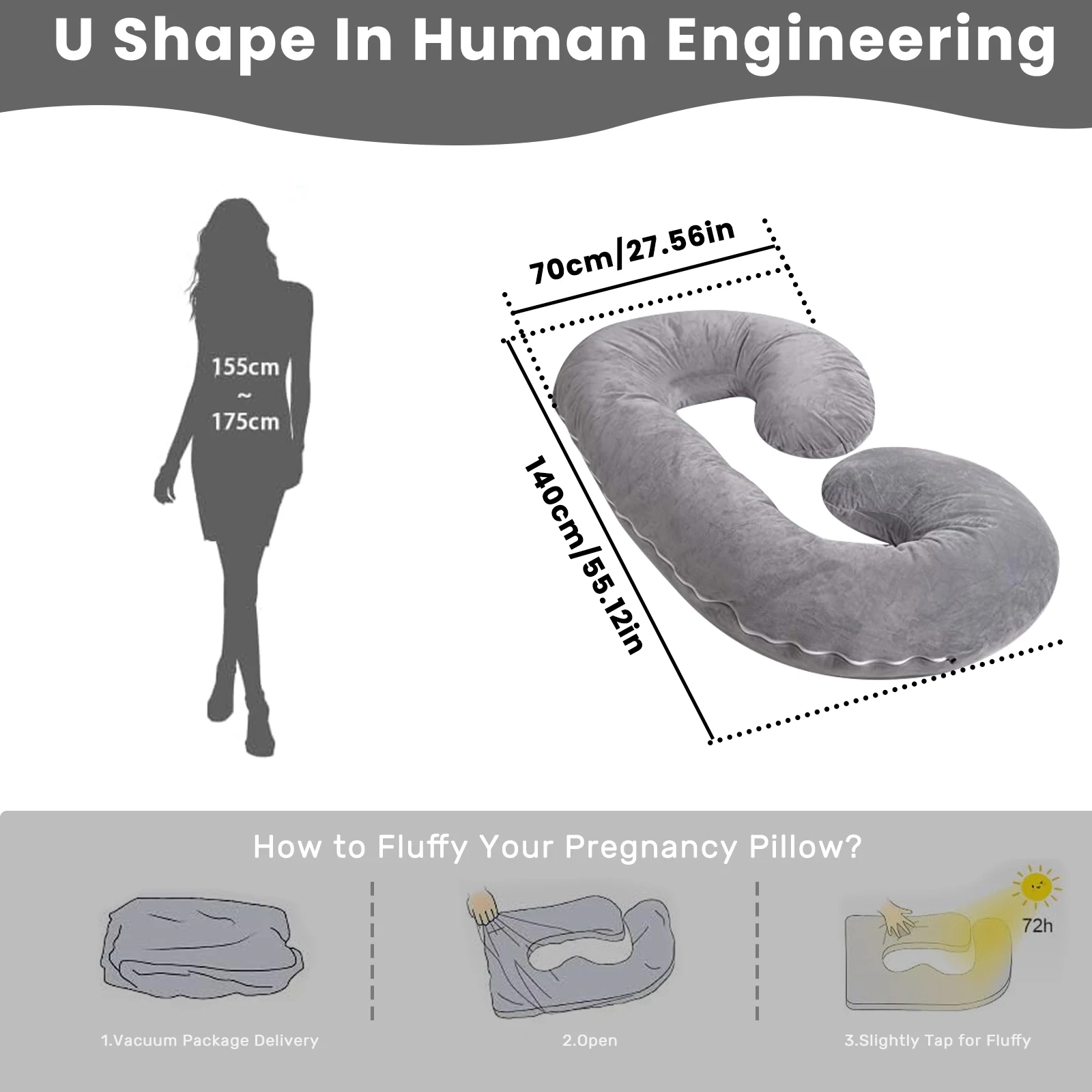 Pregnancy Pillow,55 Inches Maternity Body Pillow with Washable Cover, C Shaped Body Pillow for Sleeping (Grey)