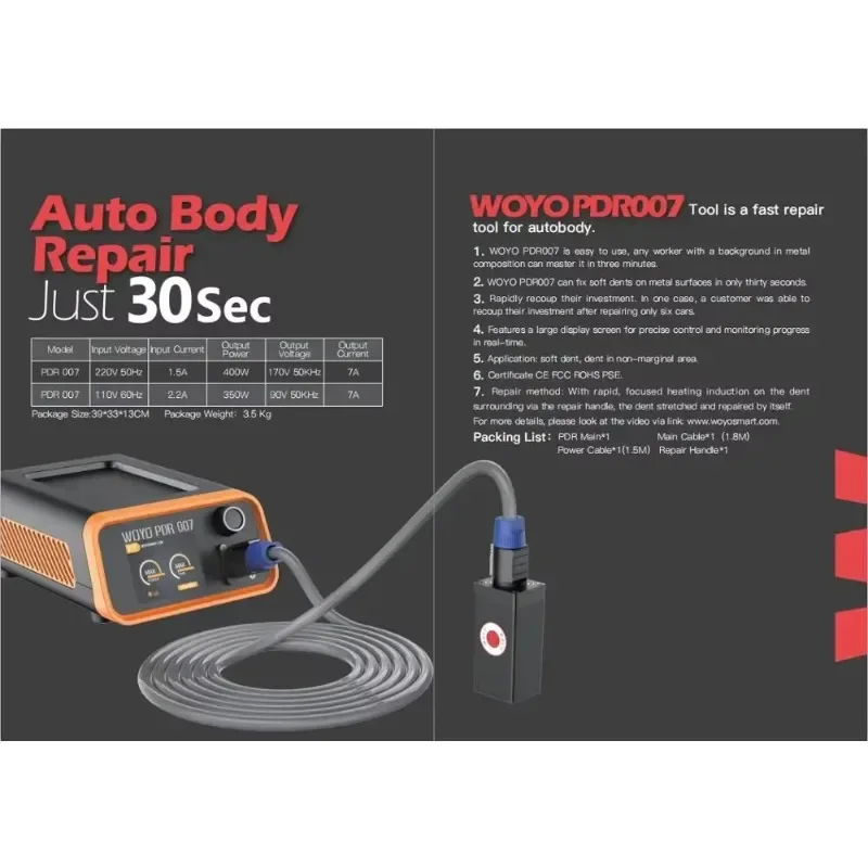 2026/Super PDR Car Body Paint less Dent Repair Tool Hotbox Induction Heater hine WOYO PDR 007 for Remove Dents Metal Sheet view 6