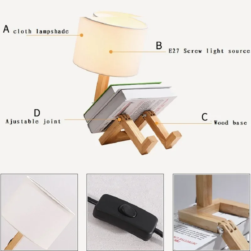 Adjusted Robot Shape Table Lamp E27 Wooden Fabric Bedroom Lamp Fold-able Desk Light for Living Room Study Room Drop Shipping