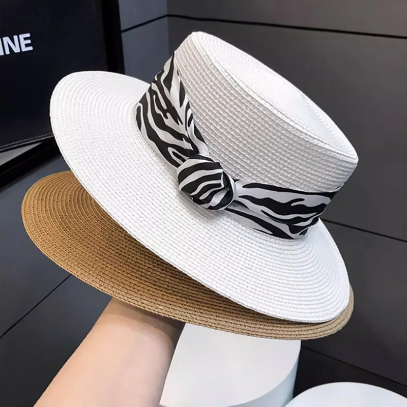 Hats for Women Flat Top Hat Women's Summer French Retro Zebra Sun Hat Vacation Sunshade Straw Beach hat Chapeu Panama Feminino