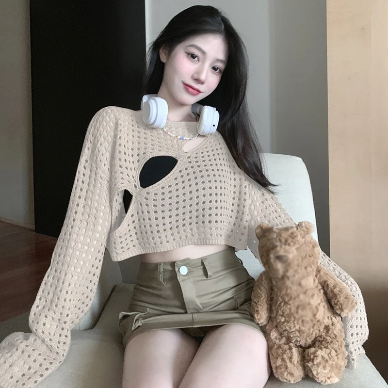 Knitted Mesh Blouses Women Hollow Out Design Long Sleeve Pullover Solid Color O Neck Loose Fit Breathable Crop Top Summer