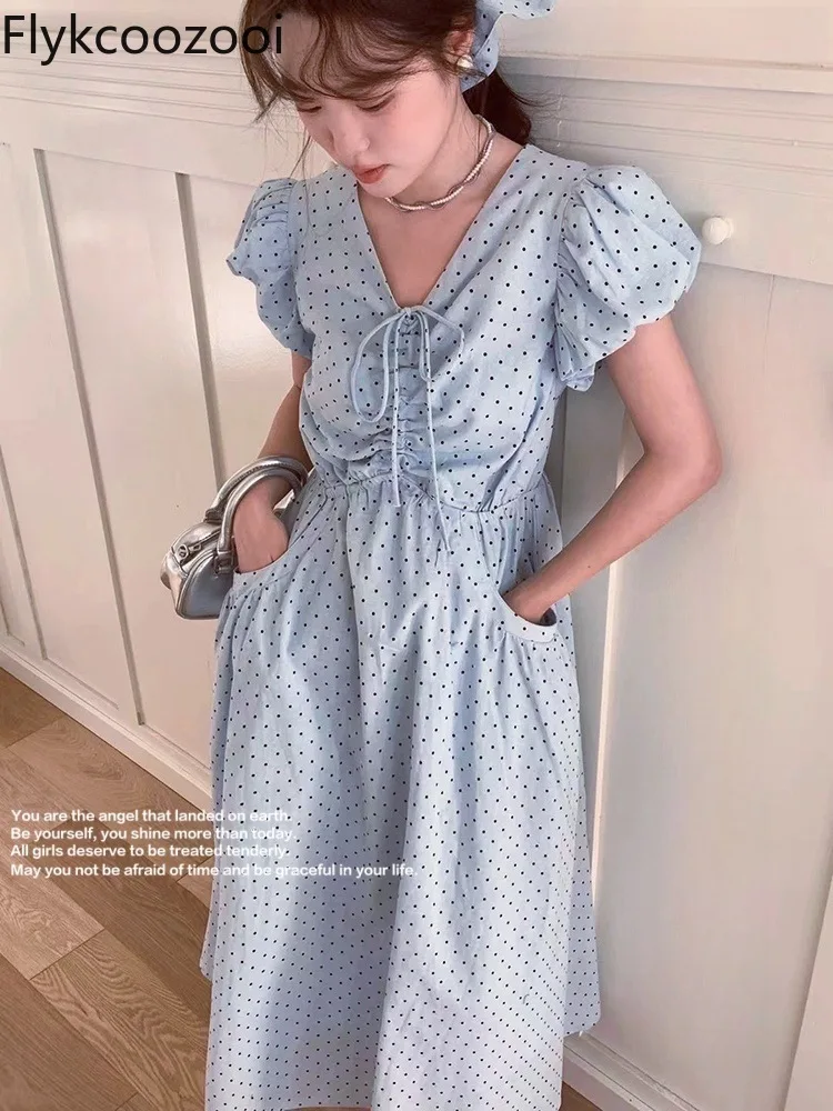 

Flykcoozooi Korean Chic Summer Dress Square Neck High Waist Slimming Big Pocket Bubble Sleeves Polka Dot Long Dress for Women