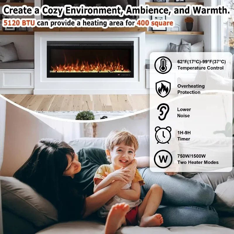 42 Inches Wall Mounted Recessed Led Fireplace Electric Heater Logs Crystal Multicolor Flame for A Room Up To 400sq