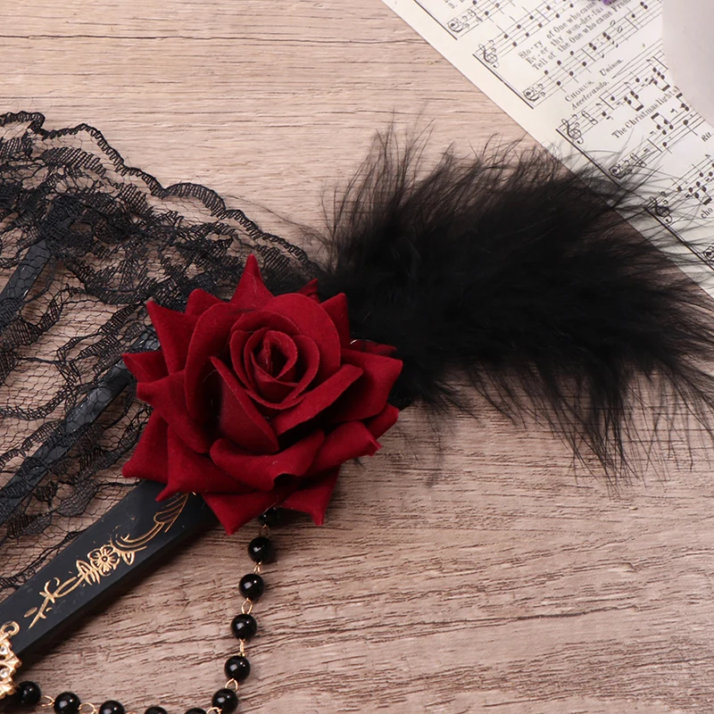 Lolita dobrável de renda, rosa de penas, banhado a ouro, festa de chá feminina, fãs de casamento, adereços cosplay, retrô, estilo europeu