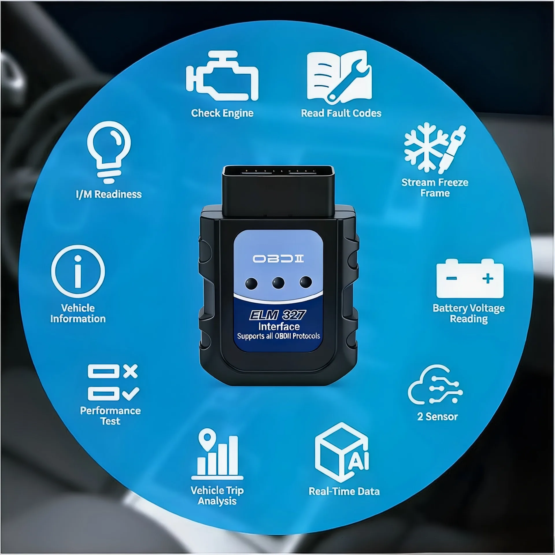ELM327 OBD2 Scanner Bluetooth Car Diagnostic Tool Code Reader Check Engine Light Live Data 12 Functions for iOS Android