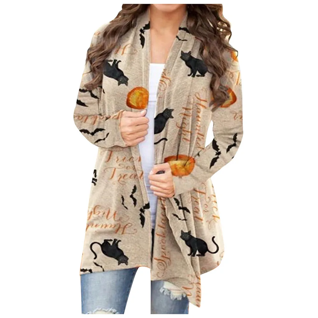 Halloween Women Casual Print Long Sleeve Open Loose Cardigan Coat Lightweight Cardigan Sweaters for Women