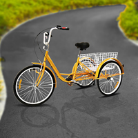24 Inch High-carbon Steel Adult Tricycle 6 Speeds Yellow Bicycle with Shopping Basket  and Lights