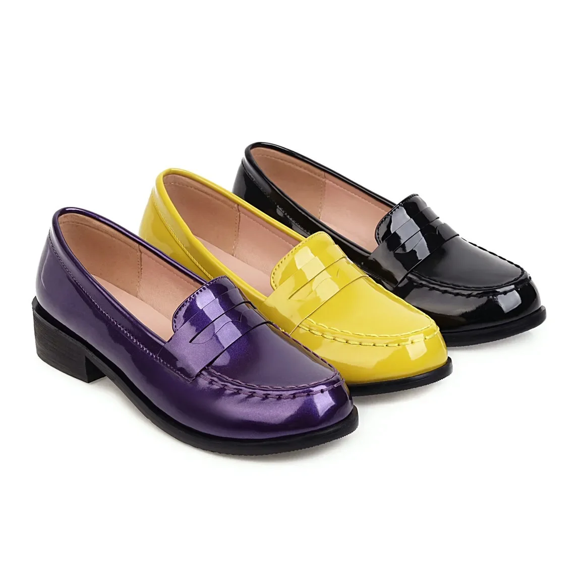 Spring Autumn New Women Low Heels Loafers Slip On Patent Leather Casual Daily Work Shoes Purple Black Yellow Plus Size 41 42 43