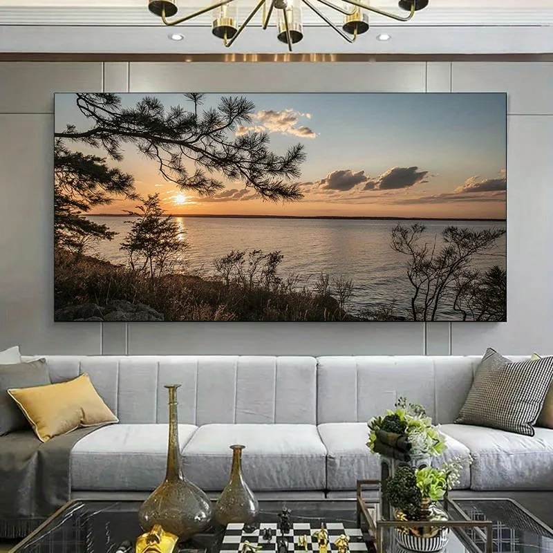 Pine Tree Branch Sunset Canvas Art -  Winter Landscape Wall Decor for Living Room & Bedroom, Water Reflection & Warm Sky Hues