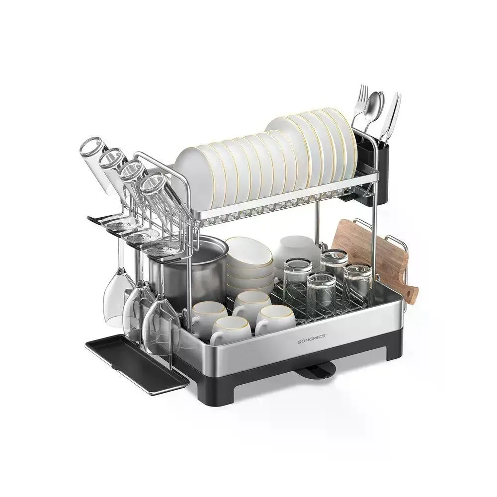Rust-Resistant Stainless Steel 2-Tier Rectangle Kitchen Counter Tabletop Dish Drying Rack - Bottom Shelf, Adjustable Extendable Rotatable Drain Spout (Channels Water to Sink), Cup Holder, Utensil Holder & Kitchen Accessories Kit