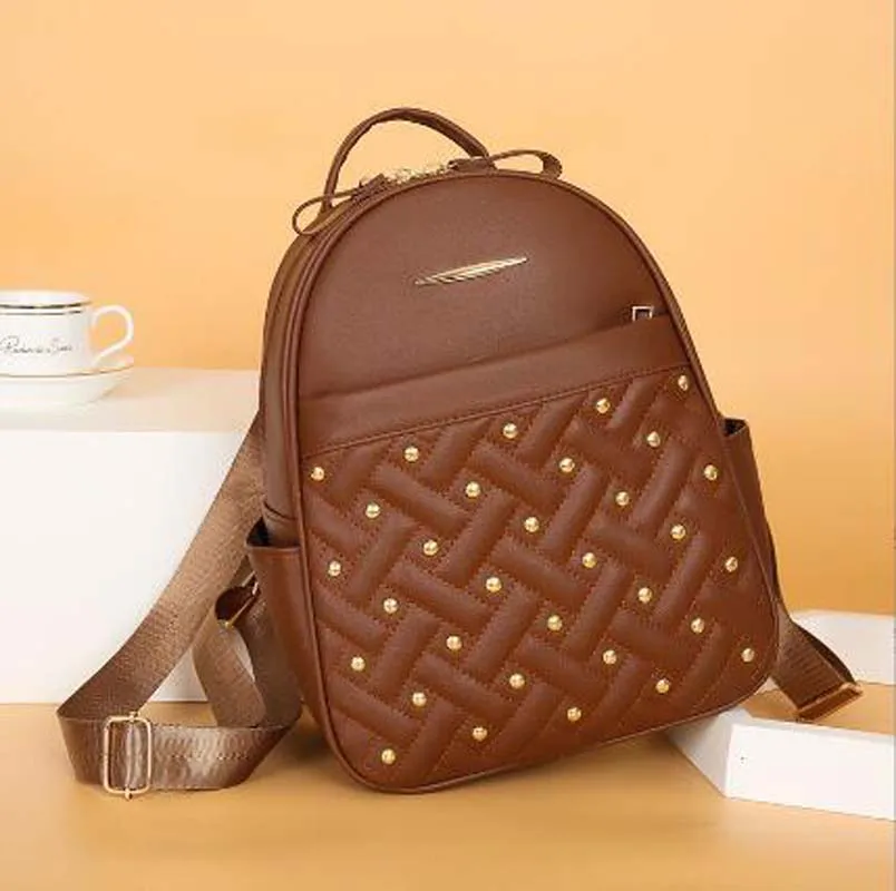 Korean New Women's Fashion Designer Rivet Leather Double Zipper Shoulder Bags Large Capacity Travel Backpack Female School Bag