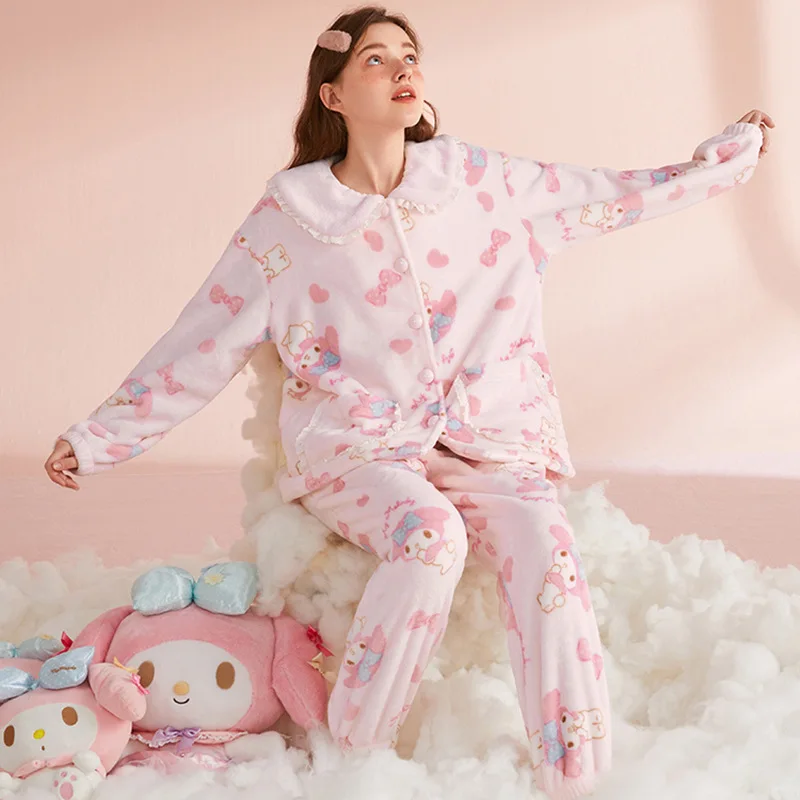 

Kawaii Sanrio My Melody Can Go Out Pajamas Winter Warm Thickened Homewear Suit Cartoon Printing Long-sleeved Pants Two-piece Set