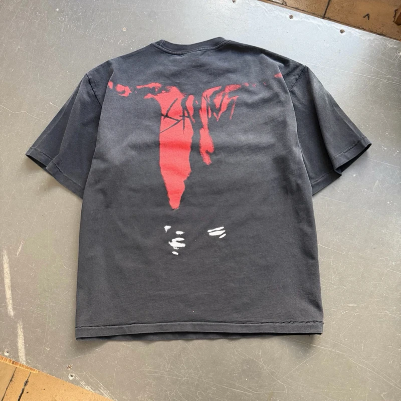 Handstand Bat Skulls Print Washed Black Saint T Shirt Japanese Men Women Vintage High Street Loose Short Sleeve T-shirts Tops