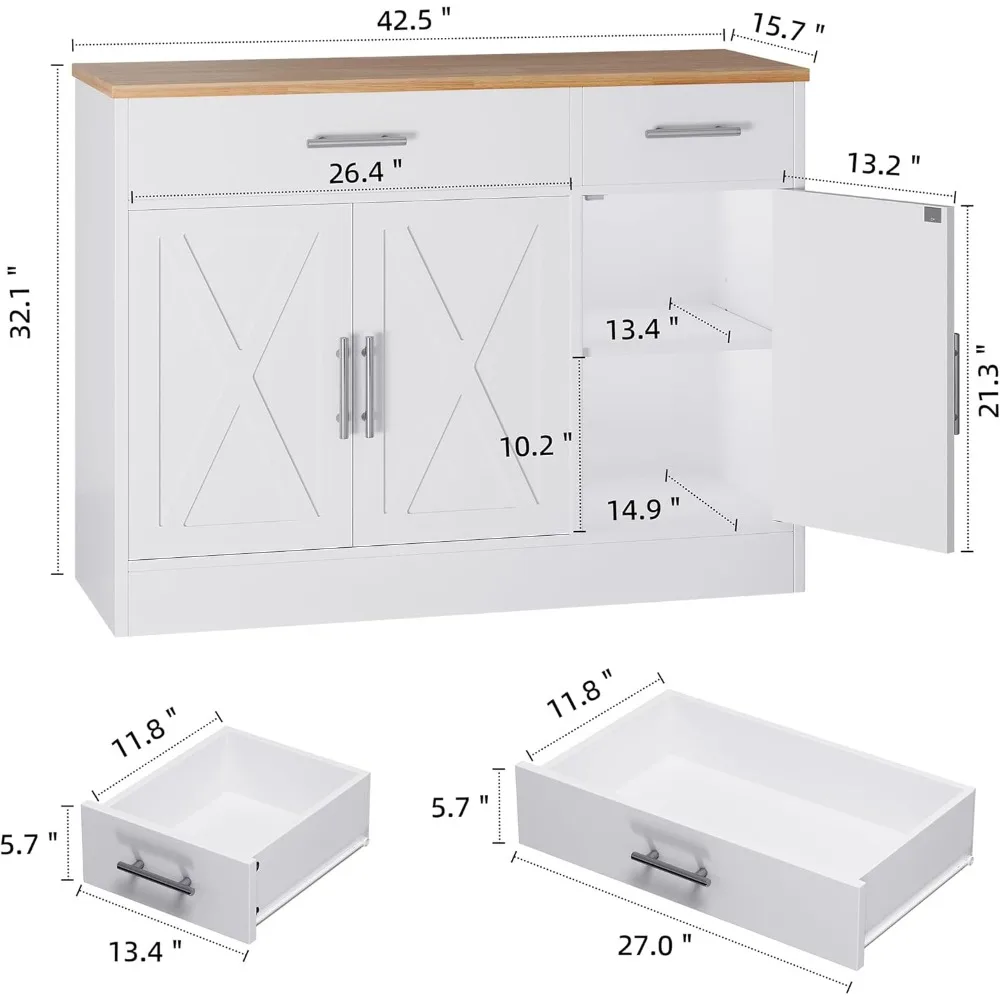 Modern Farmhouse Style Buffet Cabinet with 3 Doors and 42 Barn Doors Storage
