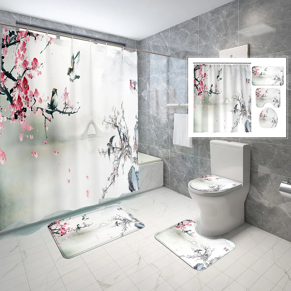 

4 Pcs Ink Painting Shower Curtain Set with Toilet Lid Cover, Non-Slip Bath Mat,Drawings Sakura Waterproof Shower Curtain Set