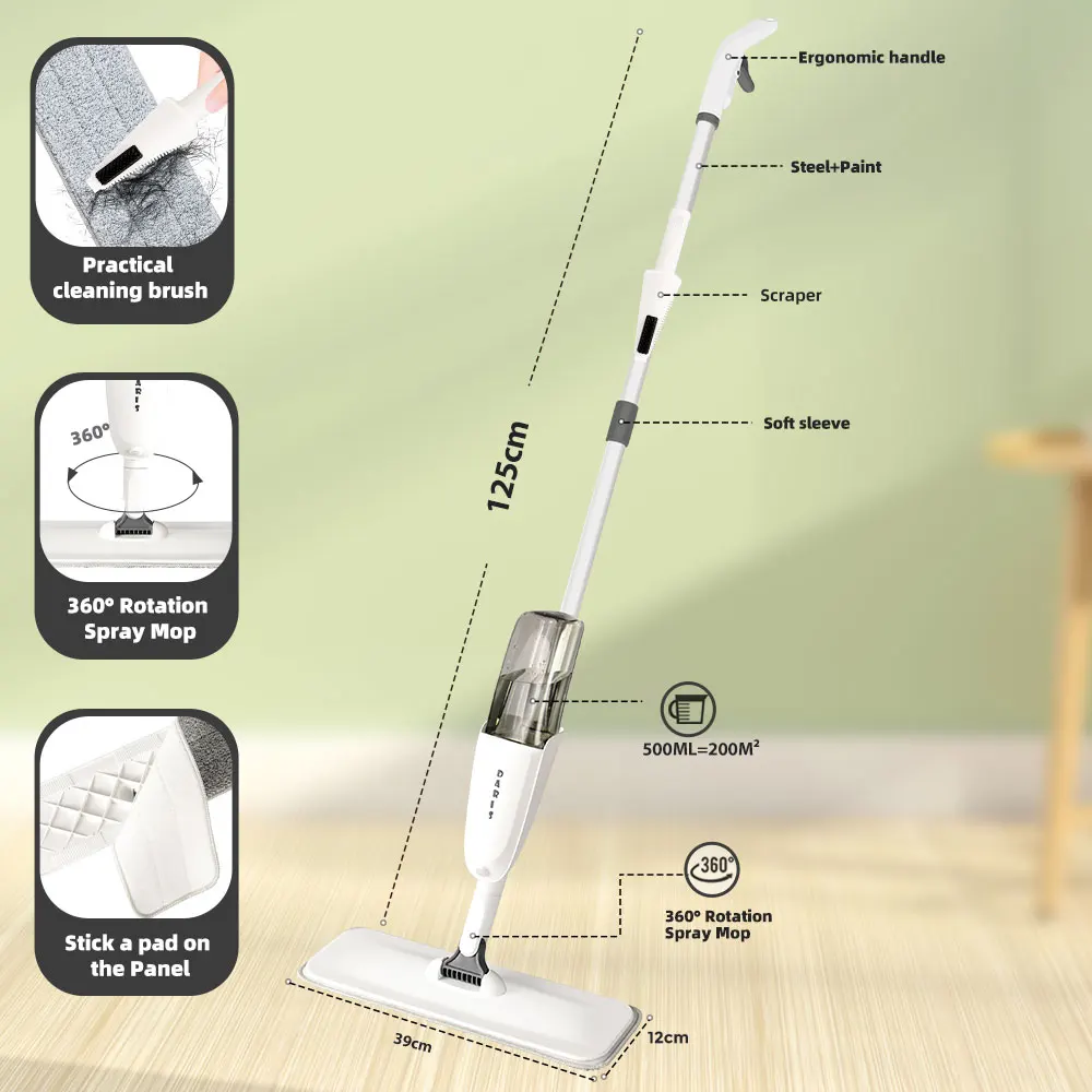 DARIS Spray Floor Cleaning Mop 500ML Wide Range Fan-shaped Mist Reusable Microfibers Pads 360° Flat Mop For Tile Wooden Floor