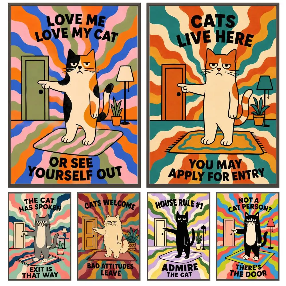 Retro Wave Cat Poster Versatile HD Waterproof Wall Art Self-Adhesive Decor for Any Space Ideal Gift