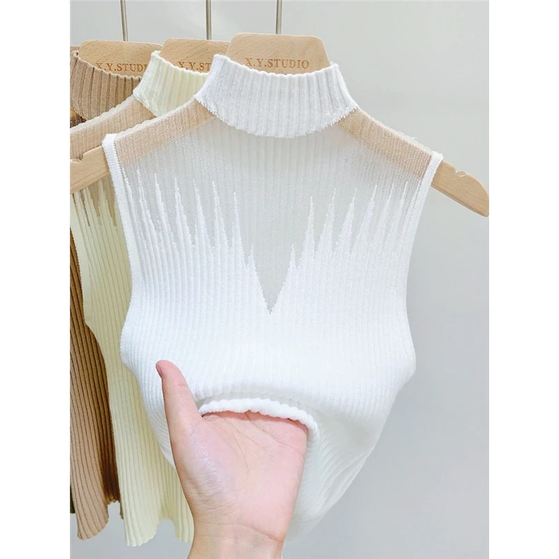 

Spring Autumn Hanging Neck Knitted Small Strap Tank Top Women Bottom Shirt Outer Half High Collar Sweater Sleeveless Short Top
