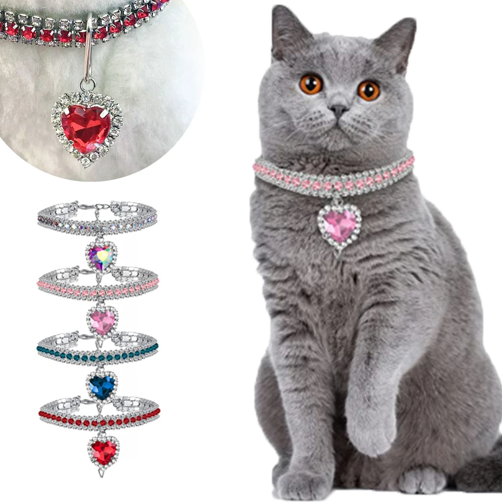 1Pcs Crystal Diamond Heart Cat Necklace Claw Rhinestone Puppy Kitten Collar Accessories Luxury Trendy Pet Collar Ornament Supply