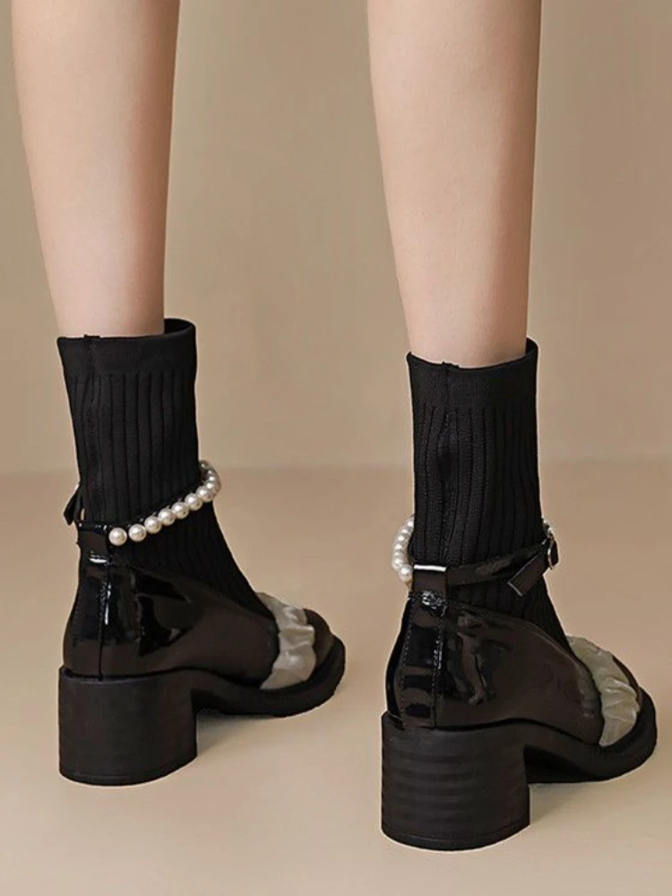 Black Booties White Cute Elegant with Medium Heels Short Shoes for Women Kawaii Footwear Female Ankle Boots Sock New in Y2k Pu