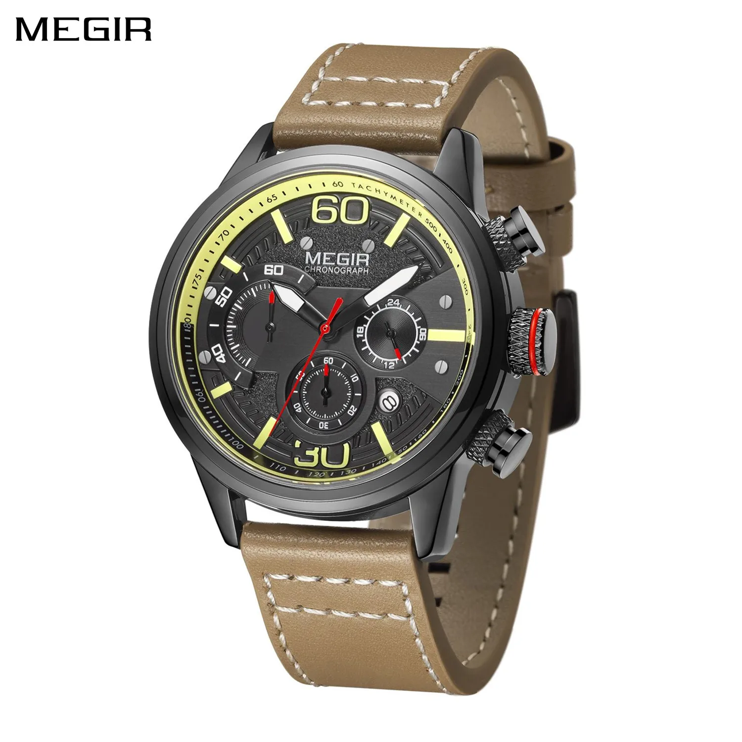 MEGIR Luxury Men Sports Watches Leather Strap Quartz Military Wrist Watch Luminous Waterproof Calendar Male Clock Montre Homme