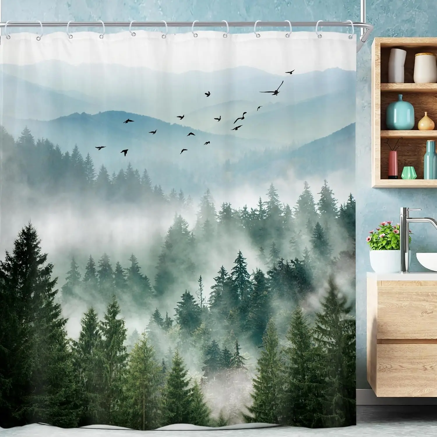 

Rustic Green Mountain Shower Curtain with Woodland Tree Scenery, Waterproof Fabric, 60x72 Inches Includes 12 Hooks