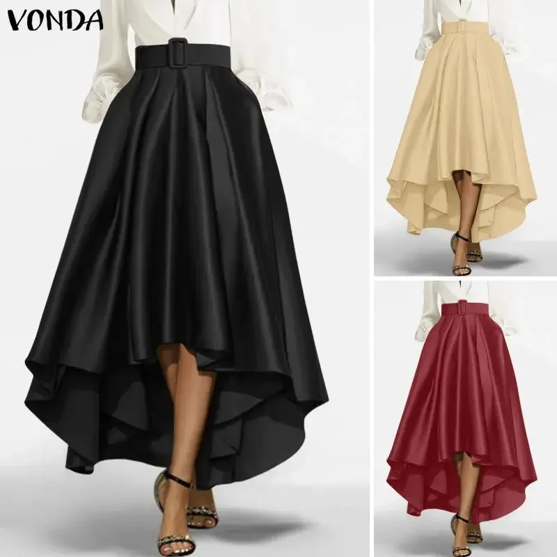 Plus Size 5XL VONDA Women Asymmetrical Maxi Skirts Fashion Satin Bottoms Solid Elegant Belted High Waist Long Jupes Faldas Saia view 3