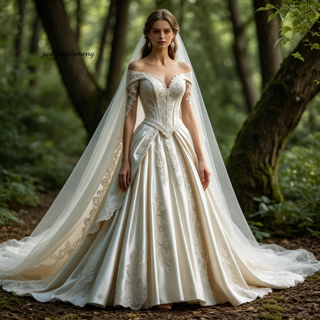 Medieval Boho Forest Ivory Satin Lace Wedding Dress Off Shoulder Sweetheart Corset A Line Long Train Bridal Gown Customized