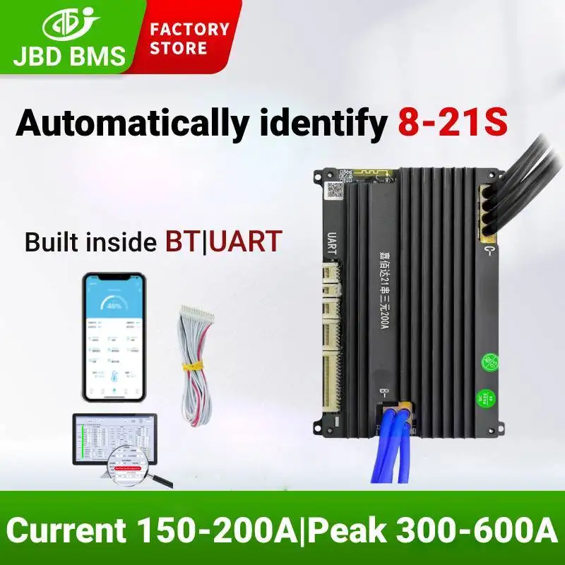 JBD الذكية BMS LiFePO4 ، 150A ، 200A ، 24V ، 36V ، 48V ، 60V ، 72V ، 8S ، 10S ، 11S ، 12S ، 13S ، 14S ، 15S ، 16S ، 17S ، 18S ، 19S ، 20 BT مدمج لـ UART ، S 21S
