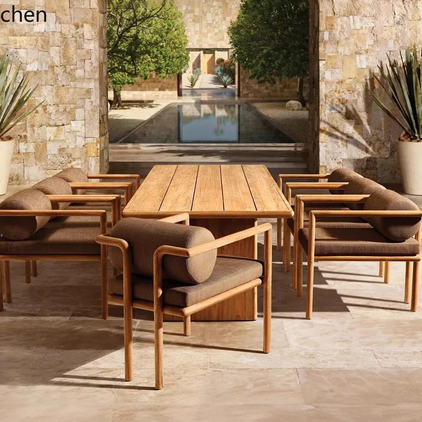 HT Outdoor Patio Table and Chairs Aluminum Alloy Table and Chairs Garden Villa Aluminum Long Table Waterproof Outdoor Furniture