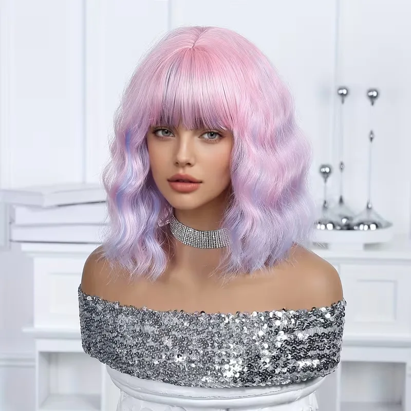 gradient purple bob, wavy with bangs, short hair, shoulder-length, voluminous curly wig