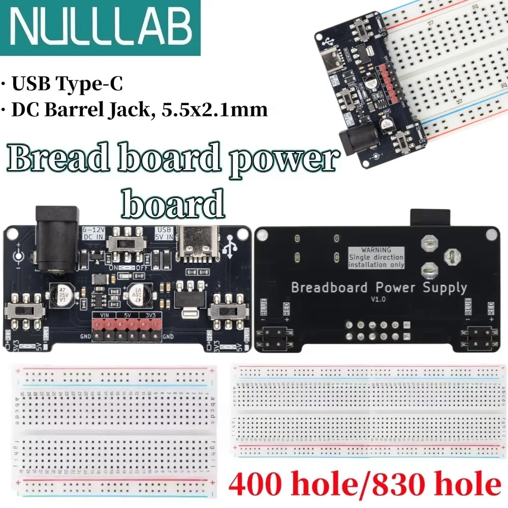Dual-Port Breadboard Power Supply Module with 2.1×5.5mm DC Jack and Type-C Port, 6-12V Input for Electronic Circuit Experiments